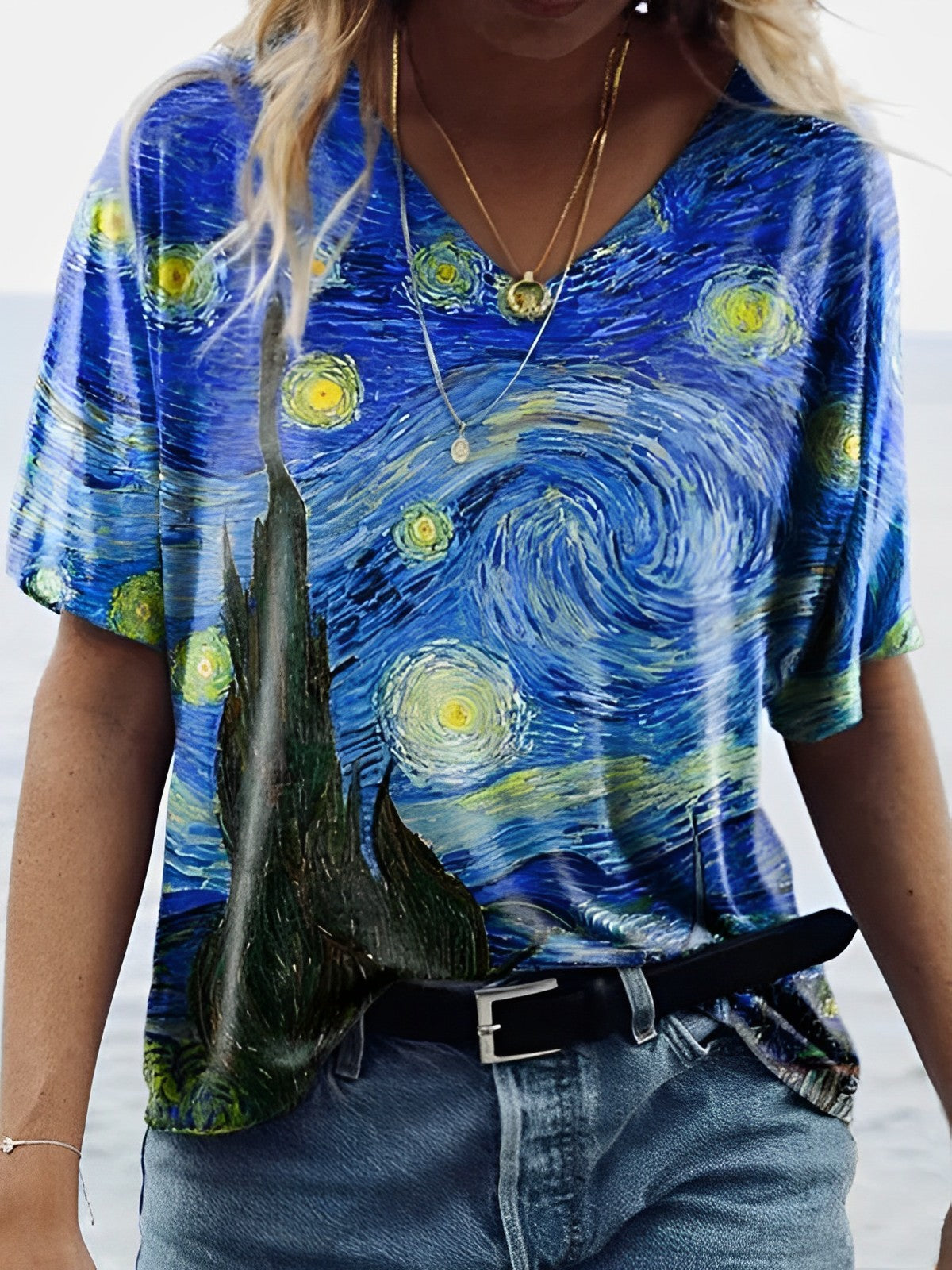 Barneys New York |  Van Gogh Starry Sky T-shirt with print and V-neck