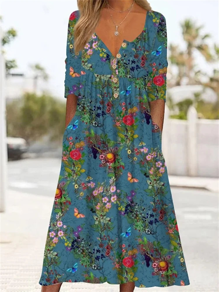 Barneys New York  | Butterflies Floral Artistic Pleated Button Up Dress