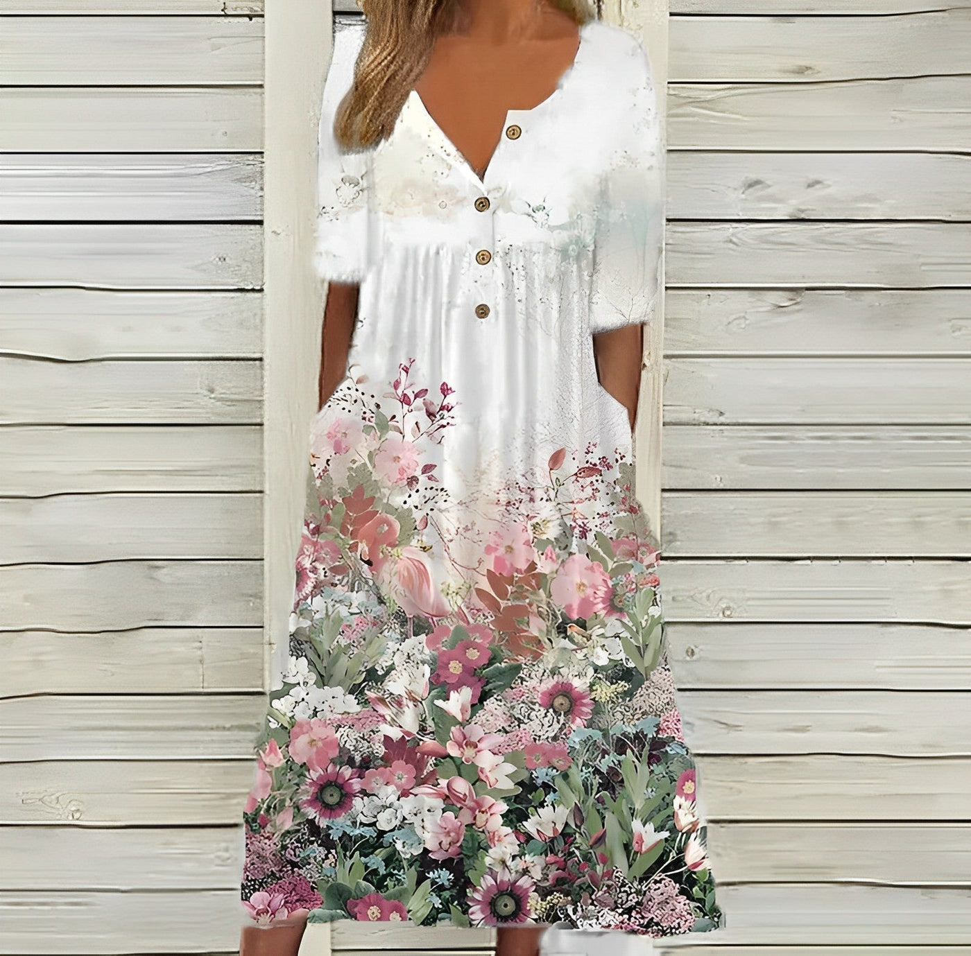 Barneys New York  | Pink Flowers Art Button Pocket Midi Dress