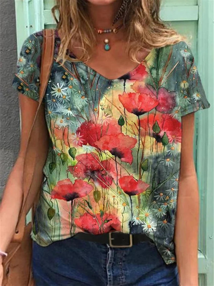 Barneys New York  | Floral art reproduction V-neck T-shirt