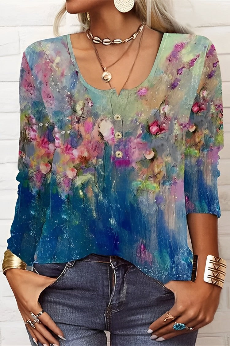 Barneys New York  | Round neck floral print long sleeve casual t-shirt