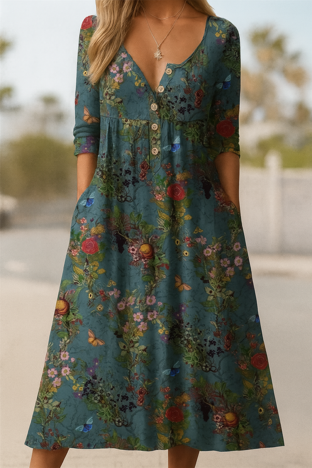 Barneys New York  | Butterflies Floral Artistic Pleated Button Up Dress