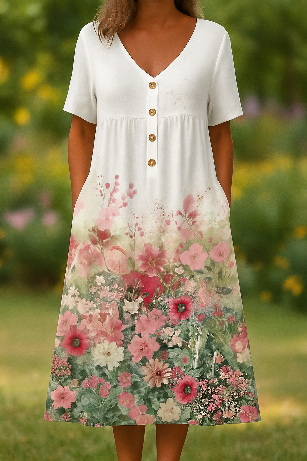 Barneys New York  | Pink Flowers Art Button Pocket Midi Dress