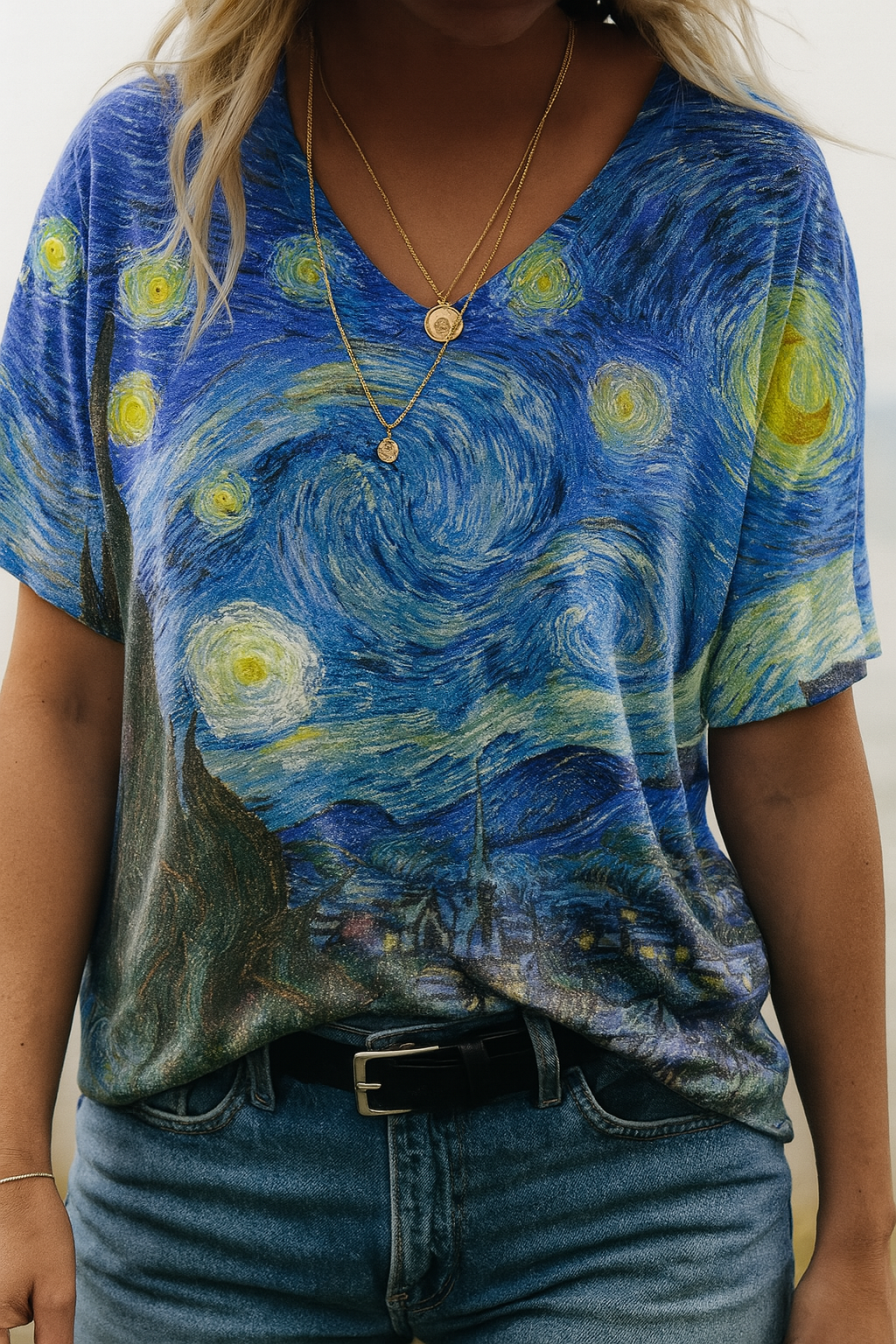 Barneys New York |  Van Gogh Starry Sky T-shirt with print and V-neck