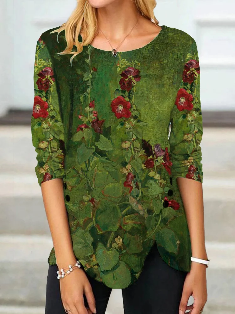 Barneys New York  | Hollyhocks art print t-shirt with a slit and button fastening